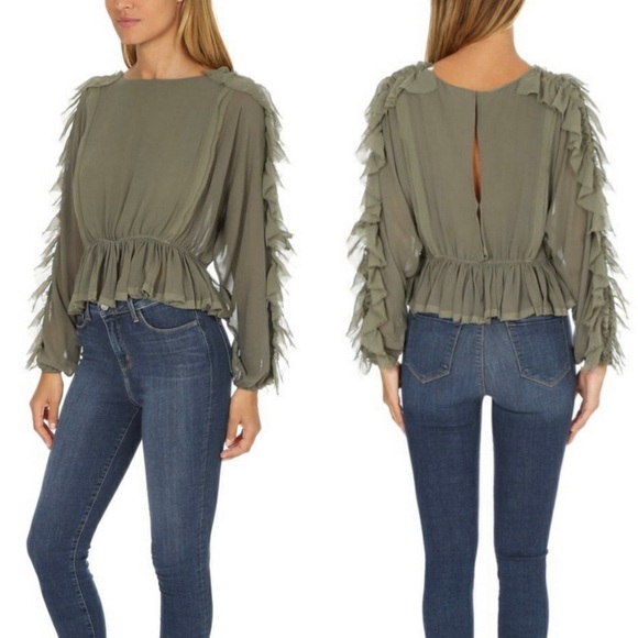 LoveShackFancy Tops - LOVESHACKFANCY Green Nellie Silk Ruffle Top Sz M